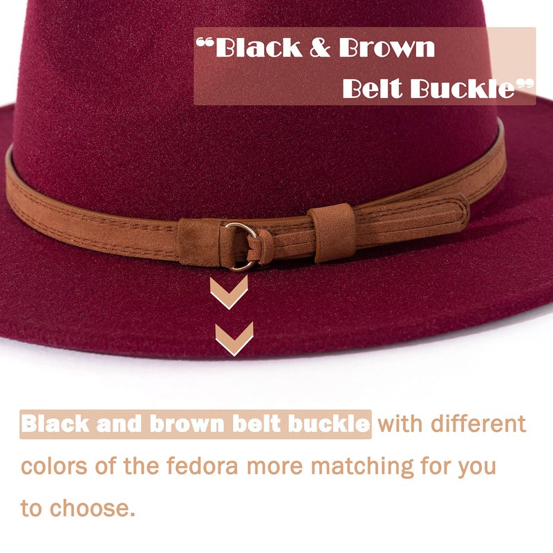 Lisianthus Men & Women Vintage Wide Brim Fedora Hat with Belt Buckle A-Wine 56-58cm - Image 3